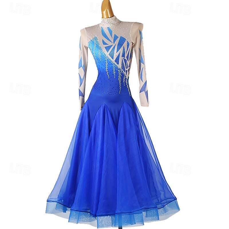 Ballroom Dance Dress Rhinestone Splicing Women's Performance Party Long Sleeve Mesh Spandex Organza