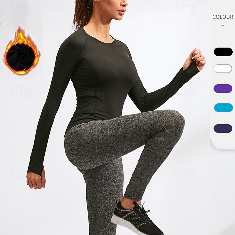 Women's Sports shirts Crew Neckline Stretchy Warm Sweat-absorbent Long Sleeve Sports Solid Color Top For Pilates Gym Zumba Activewear