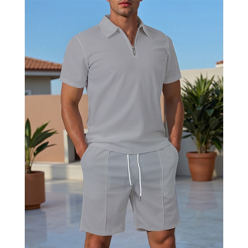 Men's Polo Shirts Zip Polo Outdoor Daily Wear Lapel Short Sleeve Fashion Hawaiian Plain 2 Piece Summer Regular Fit Black White Navy Blue Royal Blue Sky Blue Khaki Polo Shirts3