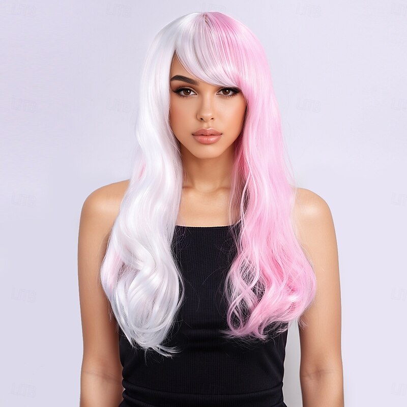 Synthetic Wig Wavy Bouncy Curl Layered Haircut With Bangs Machine Made Wig 20 inch A1 Synthetic Hair Women's Classic Adorable Comfortable Pink3