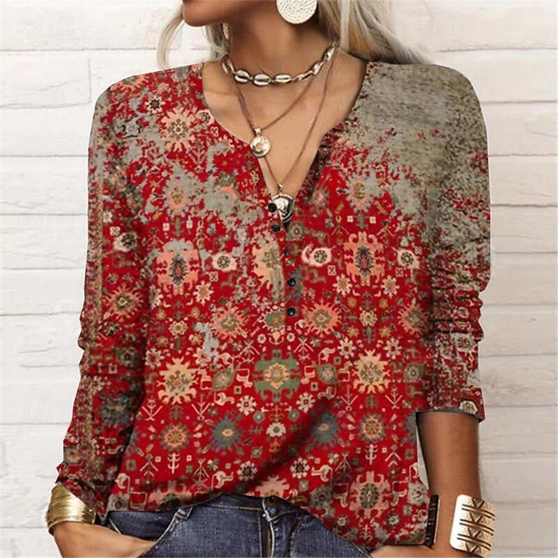 Women's Blouse Flower Modern Casual Long Sleeve V Neck Regular Tops Daily Holiday Print Black Wine Red Navy Blue Purple Summer4