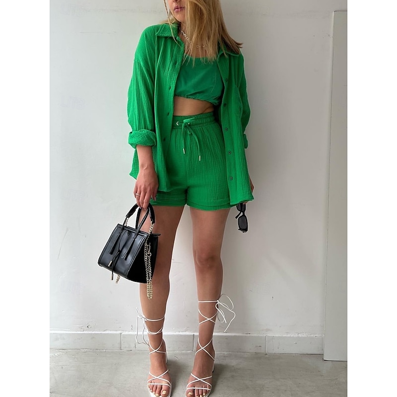 Women's Elegant Fashion Streetwear Cotton Linen Sets Long Sleeve Shirt Collar Solid Color Outdoor Work Casual Black Purple Orange Summer Loose Fit2