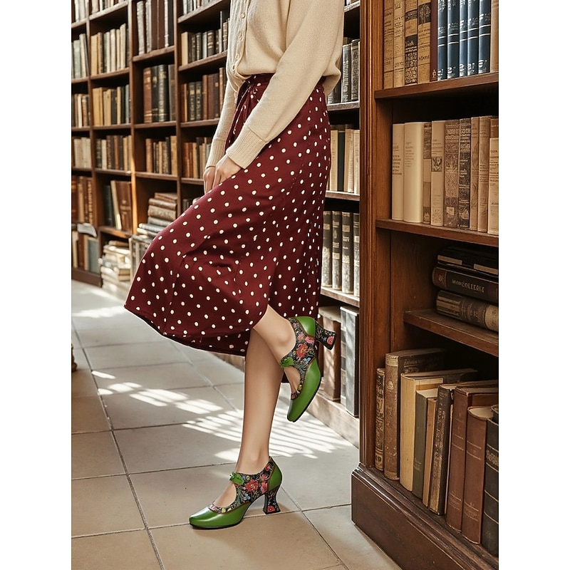 Women's Green Leather Mary Jane Heels with Floral Print, Ribbon Ties, and Retro Style - Perfect for Vintage-Themed Events and Daily Elegance3