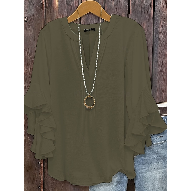 Women's Blouse Solid Color Stylish Casual 3/4 Length Sleeve V Neck Regular Tops Daily Ruffle Black White Pink Army Green Summer Spring4