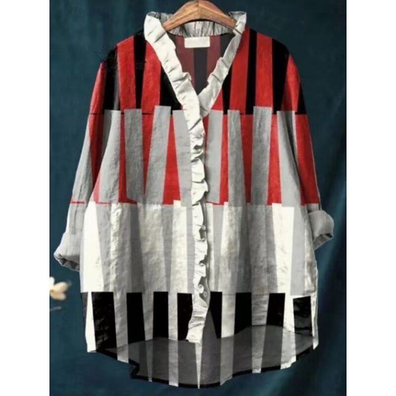 Women's Shirt Button Down Blouse Graphic Striped Stylish Casual Long Sleeve V Neck Regular Tops Daily Buttons Print Red Blue Orange Khaki Summer Spring2