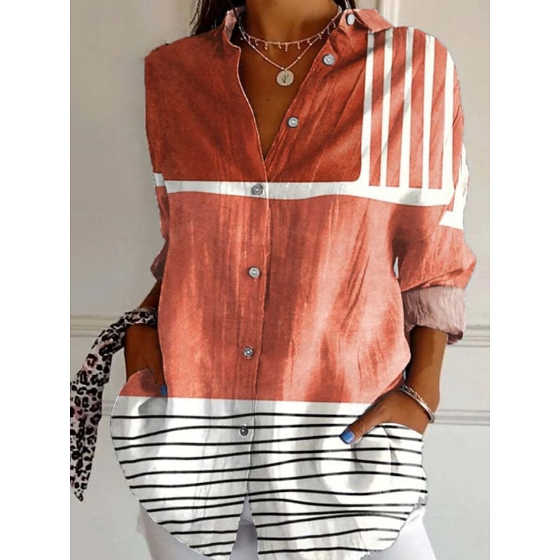 Women's Shirt Floral Geometric Stylish Modern Long Sleeve Shirt Collar Regular Tops Daily Holiday Buttons Print Red Navy Blue Blue Fuchsia Summer3