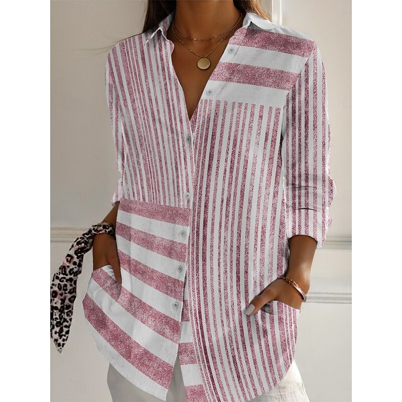 Women's Shirt Striped Active Daily Stylish Long Sleeve Shirt Collar Regular Tops Daily Holiday Buttons Print Pink Blue Gray Spring Fall2