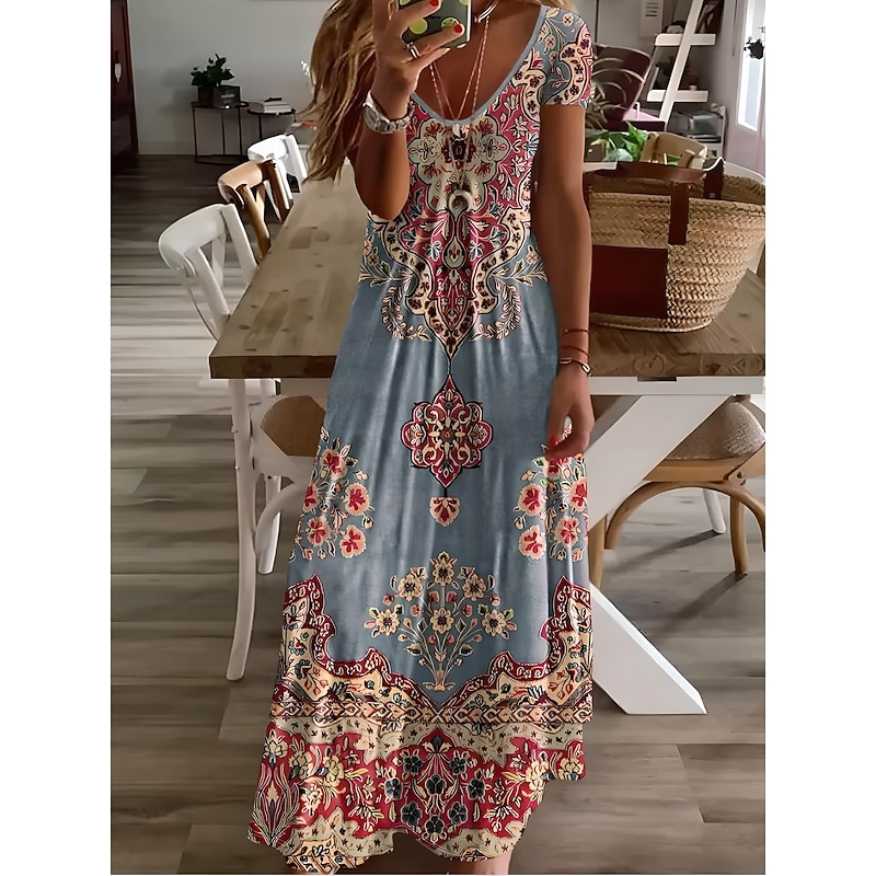 Women's Midi Dress Sundress A Line Dress Vacation Casual Boho Going out Beach Standard Fit Floral Graphic Short Sleeve V Neck Gray Green White Light Green Red Summer Spring
