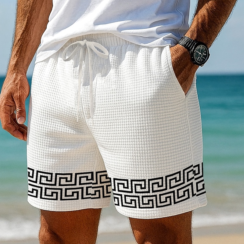 Men's Greek Key Waffle Shorts Sweat Shorts Casual Shorts Mid Waist Fashion Casual Vacation Jogging Workout Elastic Drawstring Waist Shorts with Pockets Designer Clothing Apparel