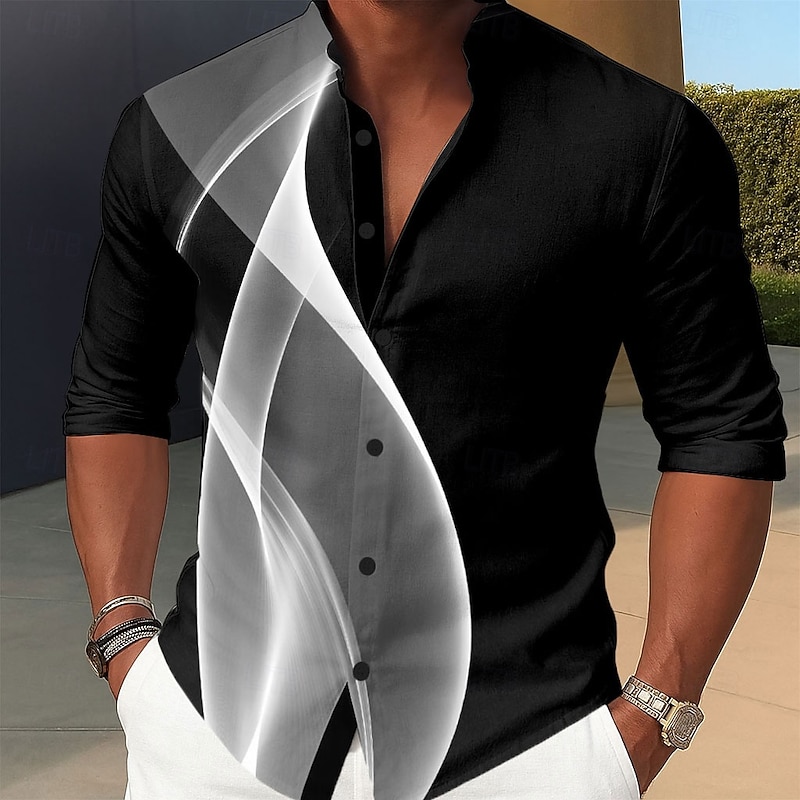 Men's Geometric Gradient Line Shirt Stand Collar Shirt Casual Dress Shirt Long Sleeve Business Casual Vacation Home Daily Summer Spring Mandarin Collar Band Collar 3D Print Button Up Shirts Black