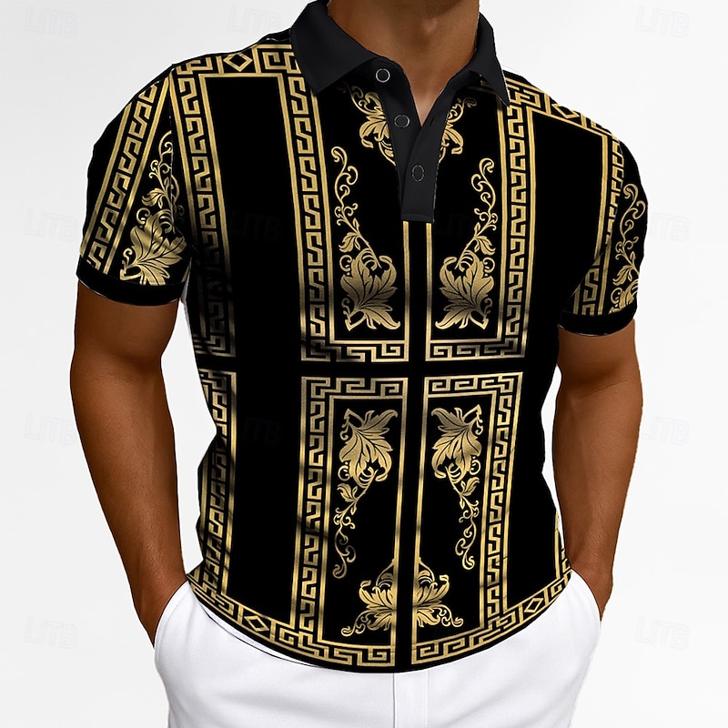 Men's Graphic Polo Short Sleeves Lapel Ethnic Casual Daily Athleisure Casual Daily Buttons Vintage Summer Black