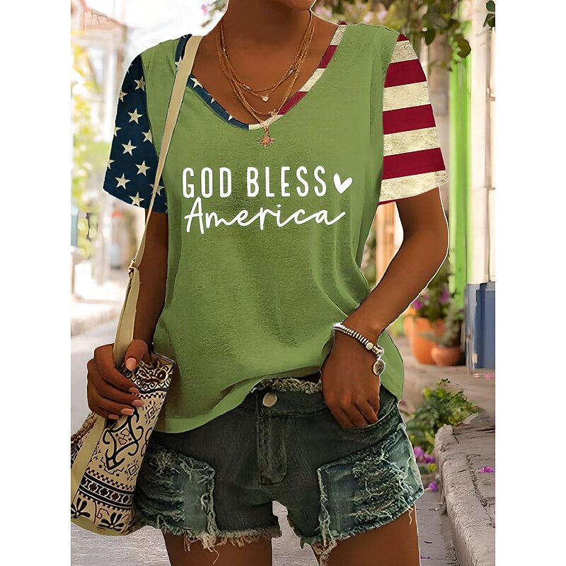 Women's Patriotic  T Shirt Graphic American Flag Vintage Stylish Classic Short Sleeve V Neck Regular Tops Daily Weekend Print Black Blue Green Gray Summer Spring2