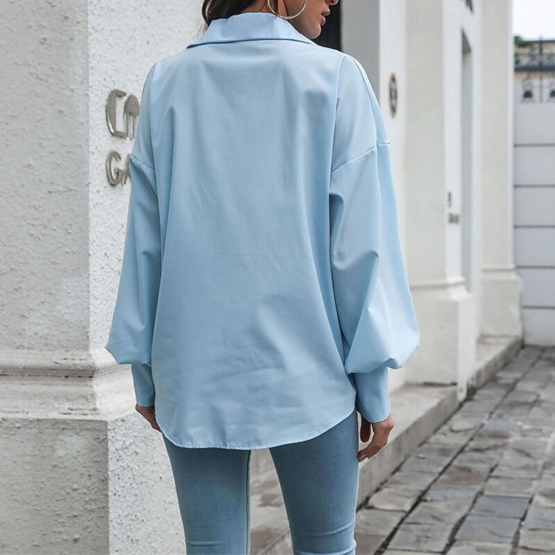 Women's Shirt Plain Daily Stylish Basic Long Sleeve Lantern Sleeve Shirt Collar Regular Tops Work Daily Holiday Pocket Buttons Blue Spring Fall4