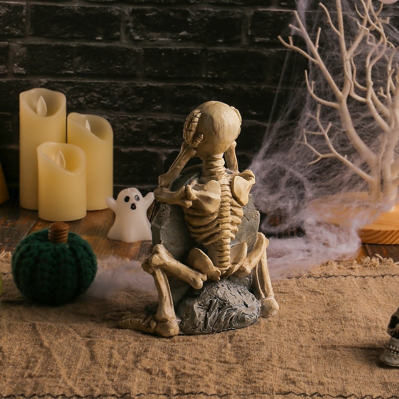 Halloween Skeleton Tombstone Decoration, Spooky Skull and Gravestone Resin Prop, Haunted Ghost Festival Tabletop Ornament4
