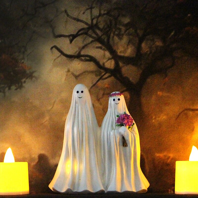 Halloween Resin LED Ghost Figurine with Lights, Bride and Groom Ghost Skeleton Decoration, Spooky Haunted Party Ornament for Halloween Festival4