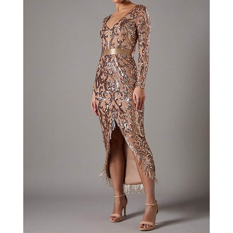 Mermaid / Trumpet Sheath / Column Evening Gown Elegant Dress Formal Wedding Floor Length Long Sleeve V Neck Sequined with Tassel Slit2