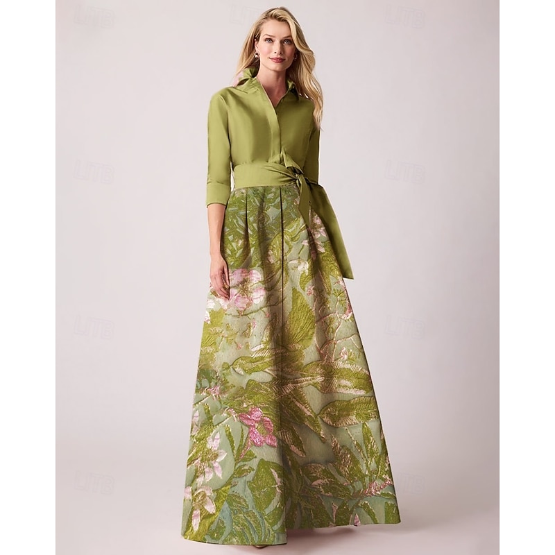 Jacquard Brocade Floral Mother of the Bride A-Line Evening Gown Elegant Dress Formal Wedding Guest Floor Length Long Sleeve Shirt Collar Pocket Nylon with Floral Print Bow(s) Slit