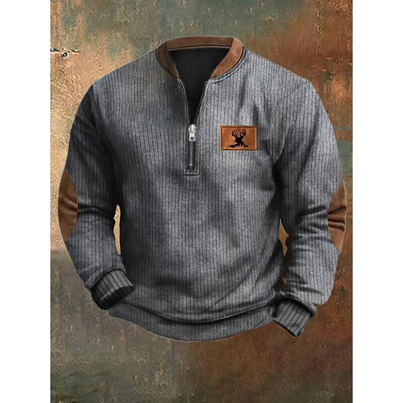 Men's Sweatshirt Quarter Zip Sweatshirt Black Army Green Navy Blue Gray Half Zip Color Block Reindeer Half Zip Print Sports & Outdoor Daily Holiday Polyester Vintage Streetwear Casual Fall & Winter