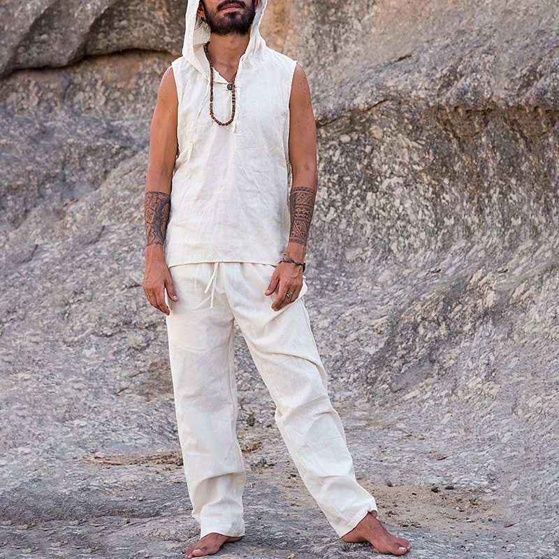 Men's Tank T-shirt Suits Shirt and Pant Sets 2 Pieces Outfits Short Sleeve Hooded Summer Plain Fashion Casual 2 Piece Vacation Daily Wear Going out White Top Tee for Men