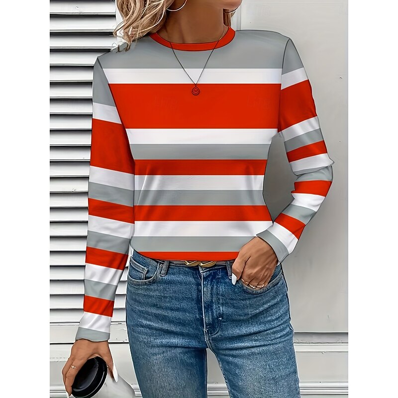 Women's T shirt Crew Neck Long Sleeve Tunic Graphic Geometric Striped Vintage Stylish Classic  Round Neck Regular Tops Daily Print Pink Red Fuchsia Fall3
