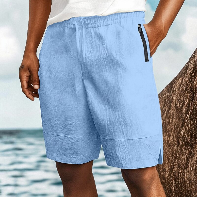 Men's Shorts Linen Shorts Summer Shorts Beach Shorts Drawstring Pocket Elastic Waist Plain Comfort Breathable Knee Length Casual Daily Holiday Vacation Fashion White Blue Stretchy4