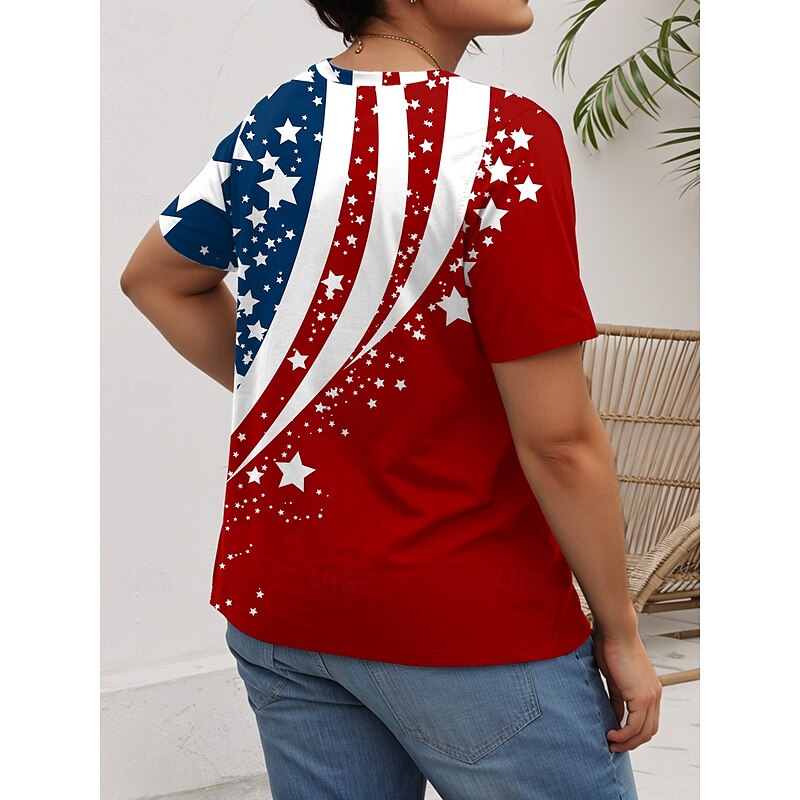 American Independence Day Women's Plus Size Tops T Shirt Graphic Flag Print Short Sleeve Crew Neck Casual Daily Polyester Summer Red Blue2