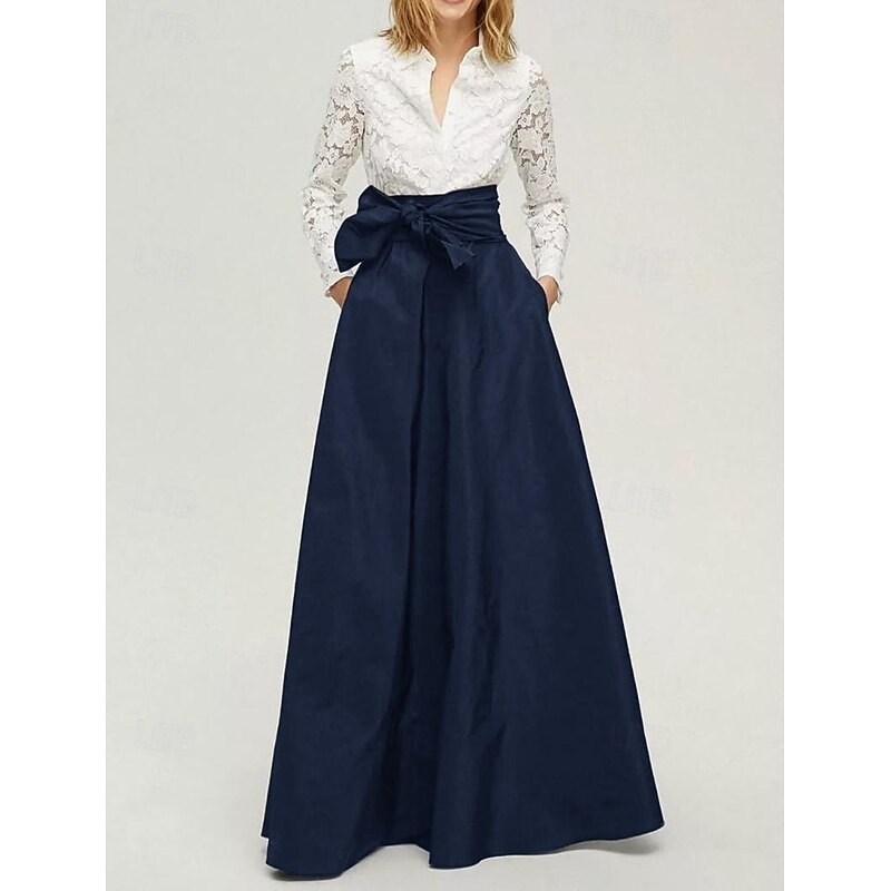 Black and White Formal Dress A-Line Mother of the Bride Shirt Dress Elegant Simple Minimalist Shirt Collar Floor Length Stretch Lace Tafetta Long Sleeve with Bow(s)4