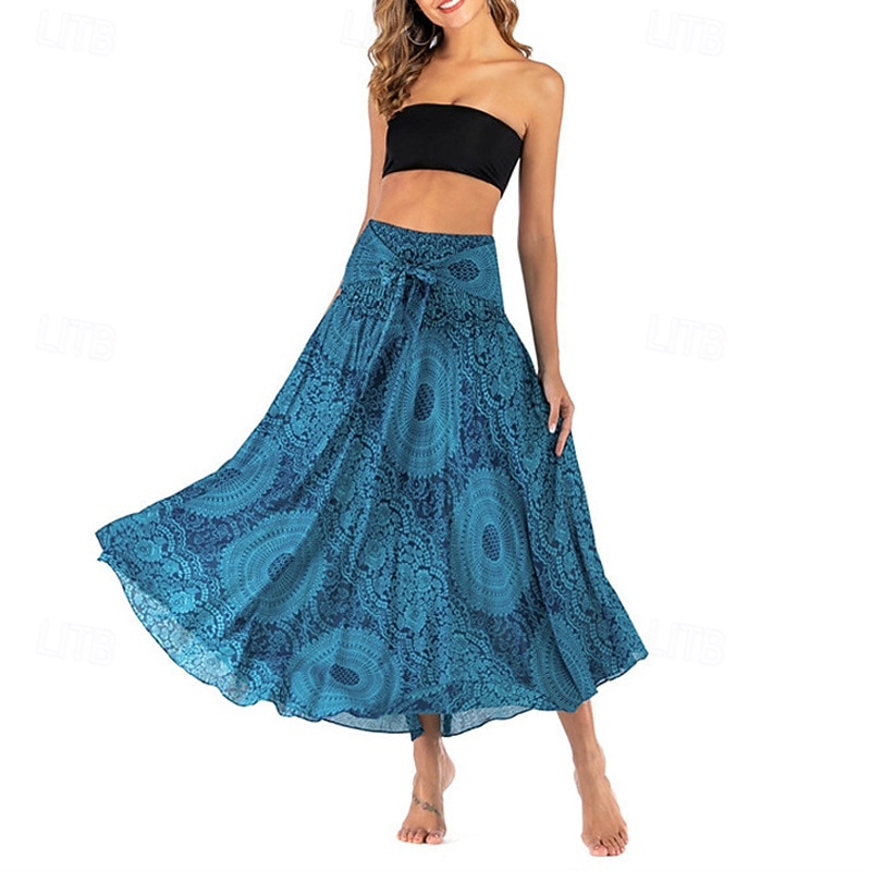 Women's Skirt A Line Swing Casual Boho Maxi High Waist Skirts Floral Print Micro-elastic Vacation Holiday Black Blue Orange Green Summer Polyester2