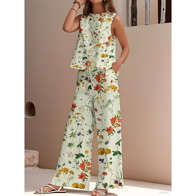 Women's Elegant Fashion Streetwear Two Piece Sets Blouse Vest Pants Trousers Sleeveless Crew Neck Outdoor Work Casual Floral Print Vacation Daily Holiday White Navy Blue Blue Summer Regular Fit3