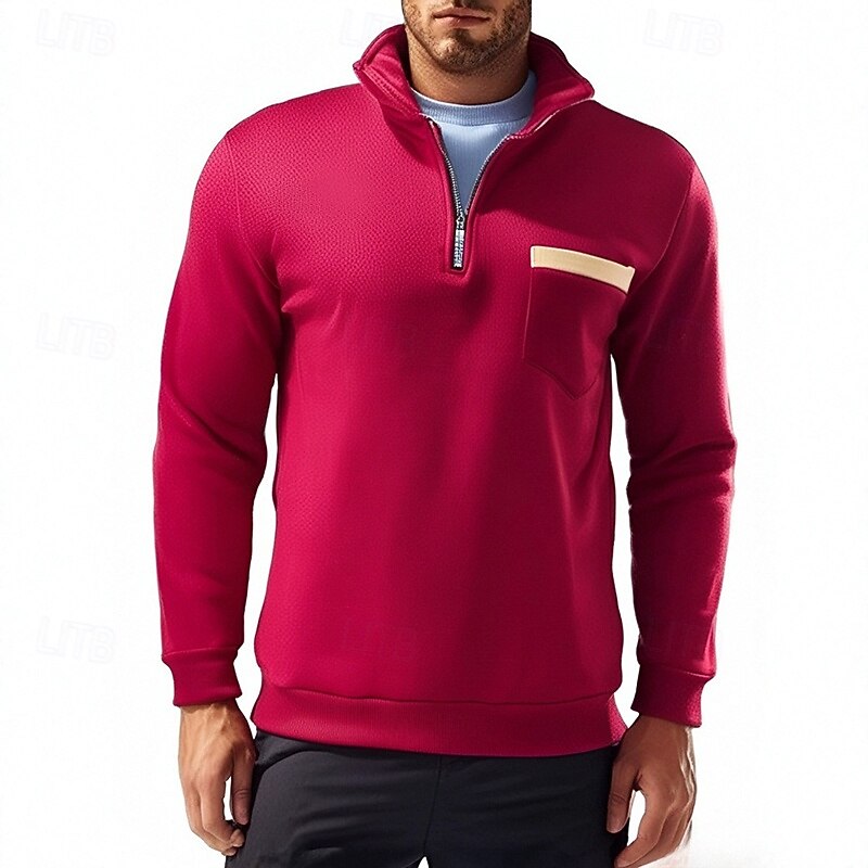 Men's Zip Sweatshirt Fleece Hoodie Tactical Black Army Green Red Navy Blue Light Grey Standing Collar Plain Front Pocket Quarter Zip Sports & Outdoor Casual Daily Streetwear Cool Sportswear Fall3