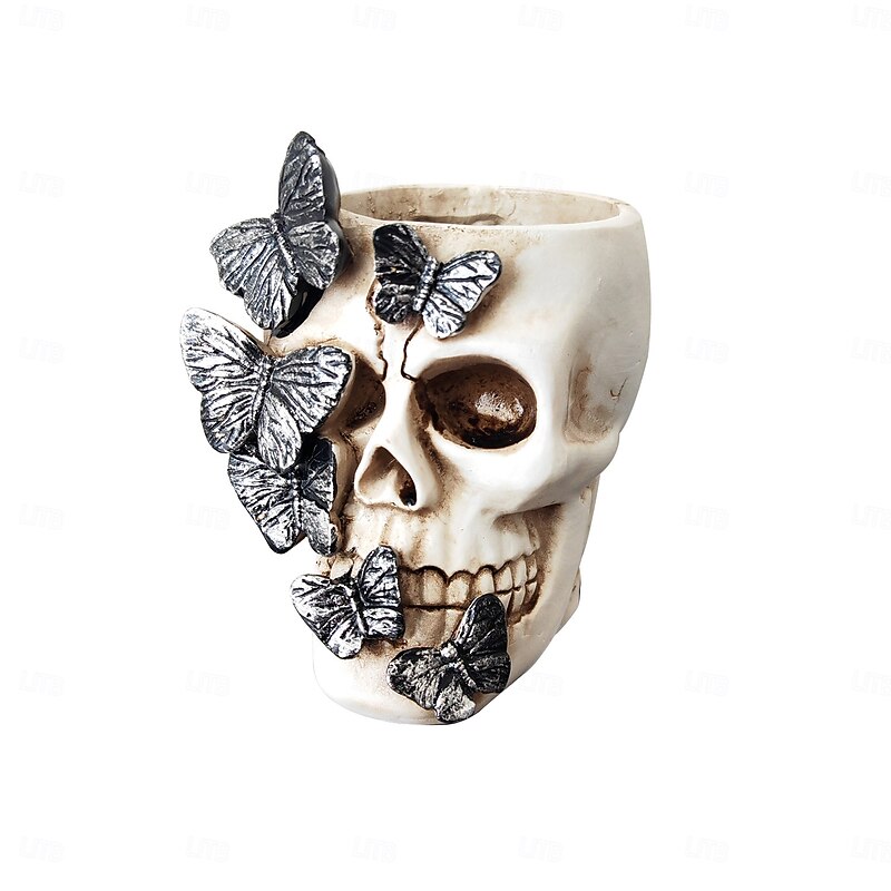 Halloween Skull Head Decoration with Butterfly, Resin Skull Pen Holder for Horror Party, Gothic Desk Ornament, Spooky Decor for Home or Office3