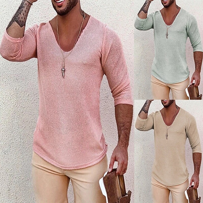 Men's Pullover Sweater Jumper Ribbed Knit Regular Tops Knitted Plain Plain V Neck Knitwear Modern Casual Daily Wear Clothing Apparel Fall Winter Black Pink S M L