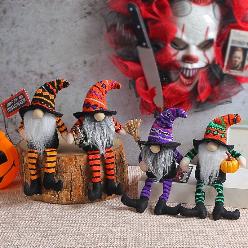 Halloween Gnome with Broom and Witch Hat Doll, Striped Long Legs No-Face Doll, Spooky Ghost Festival Decoration Prop