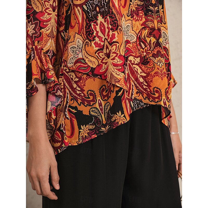 Women's Boho Shirt Blouse Paisley Vintage Stylish Casual Long Sleeve V Neck Regular Tops Wedding Guest Work Daily Ruffle Brown Summer Spring Fall3