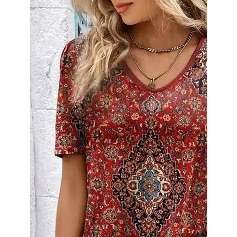 Women's T Shirt Graphic Paisley Plants Bohemia Vintage Fashion Short Sleeve V Neck Regular Tops Daily Going out Weekend Print Maroon Summer Spring2