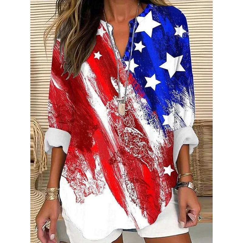 American Independence Day Women's Shirt Flag Stylish Modern Long Sleeve V Neck Regular Tops Daily Holiday Buttons Print Red Summer