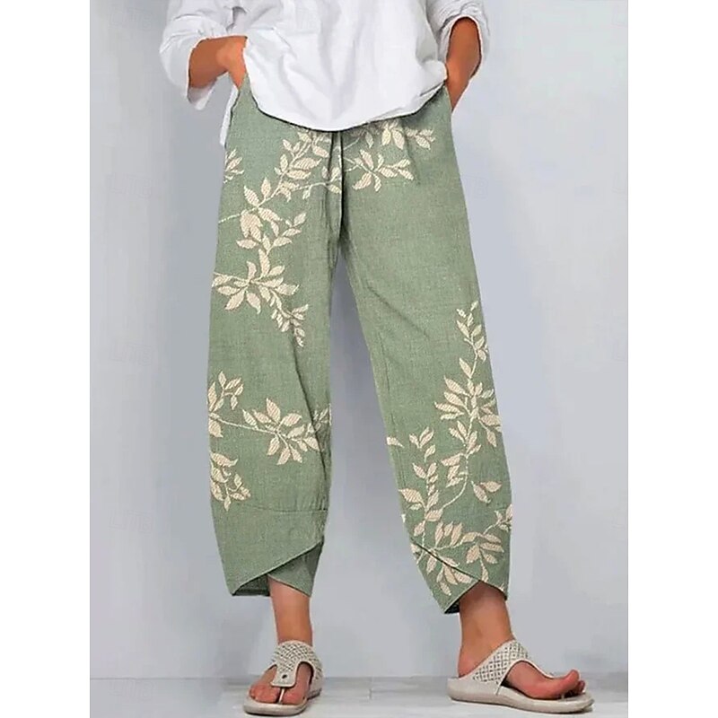Women's Chinos Baggy Pants Vacation Vintage Ethnic Style Ankle-Length High Waist Floral Graphic Plants Drawstring Patchwork Printing Breathable Micro-elastic Vacation Casual Daily White Light Green4