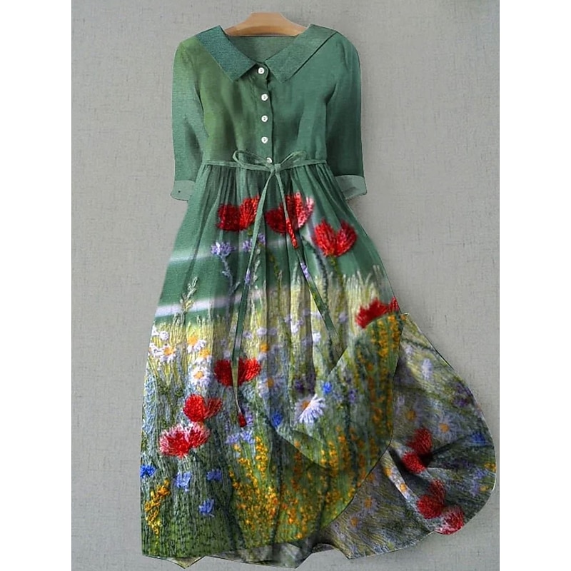Women's Midi Dress Shift Dress Casual Daily Regular Fit Floral Graphic Half Sleeve Shirt Collar Blue Green Gray Summer Spring