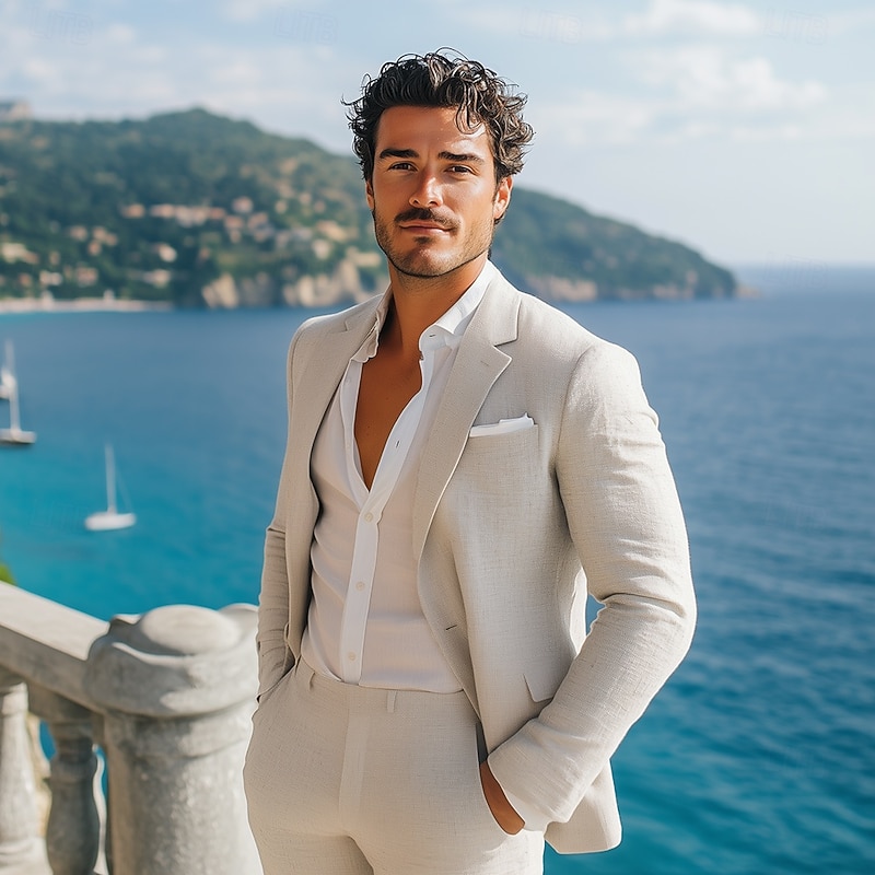 Men's Linen Suits Casual Summer Wedding Beige Fashion Lightweight Suits Solid Colored Standard Fit 2 Piece Single Breasted One-button2