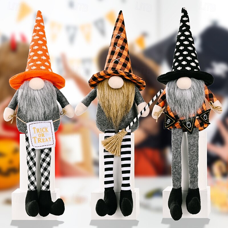 Halloween Long Leg Gnome Decoration with Hanging Legs, Rudolph No-Face Doll Figurine, Broomstick Witch Doll Ornament