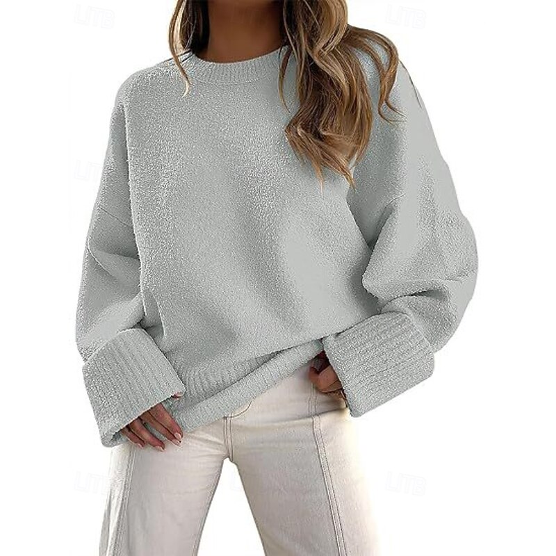 Women's Sweater Pullover Fashion Solid Color Ribbed Crew Neck Knitted Long Sleeve Regular Tops Knit Outdoor Holiday Going out Black White Fall