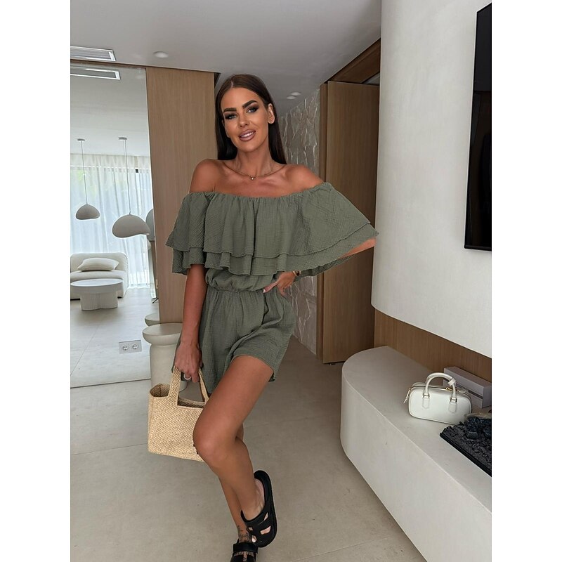 Women's Romper Stylish Solid Color Short Sleeve Off Shoulder Ruffle Backless Daily Going out Regular Fit Black Green Apricot Summer3