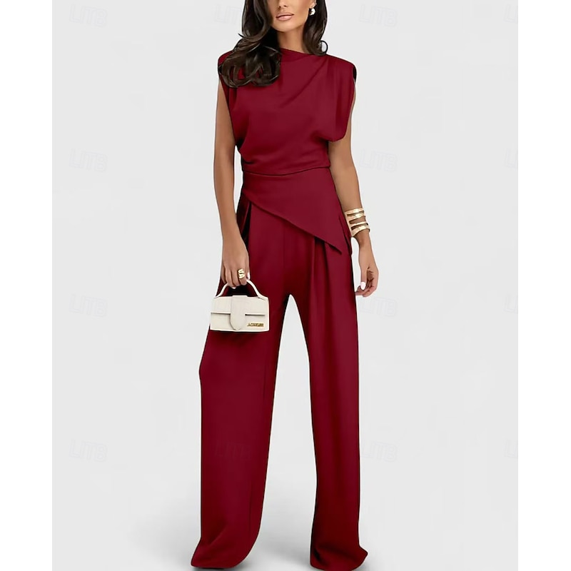 Women's Fashion Streetwear Daily Pants Sets Sleeveless Round Neck Solid Color Ruched Casual Daily Dark Grey Black White Spring Loose Fit3