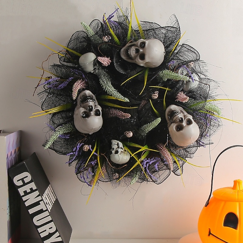 Halloween Wreath for Front Door Indoor Outdoor Decoration, Black Mesh Skull Head Wreath Wall Hanging, Haunted House Horror Party Prop Spooky Halloween Decor