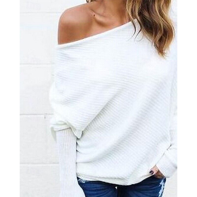 Women's Sweater Pullover Fashion Soft Solid Color Ribbed Off Shoulder Knitted Long Sleeve Regular Tops Knit Outdoor Daily Going out Wine Red Black Fall4
