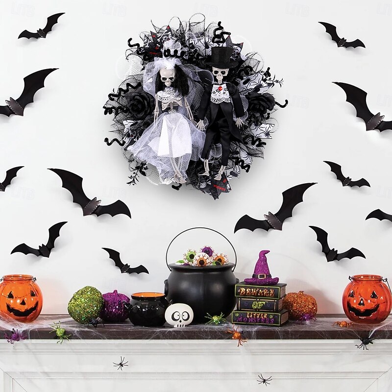 Halloween Wreaths for Front Door Indoor Outdoor Decoration, Skeleton Bride and Groom Mesh Floral Wreath with Ghost Vine for Haunted House Spooky Decor4