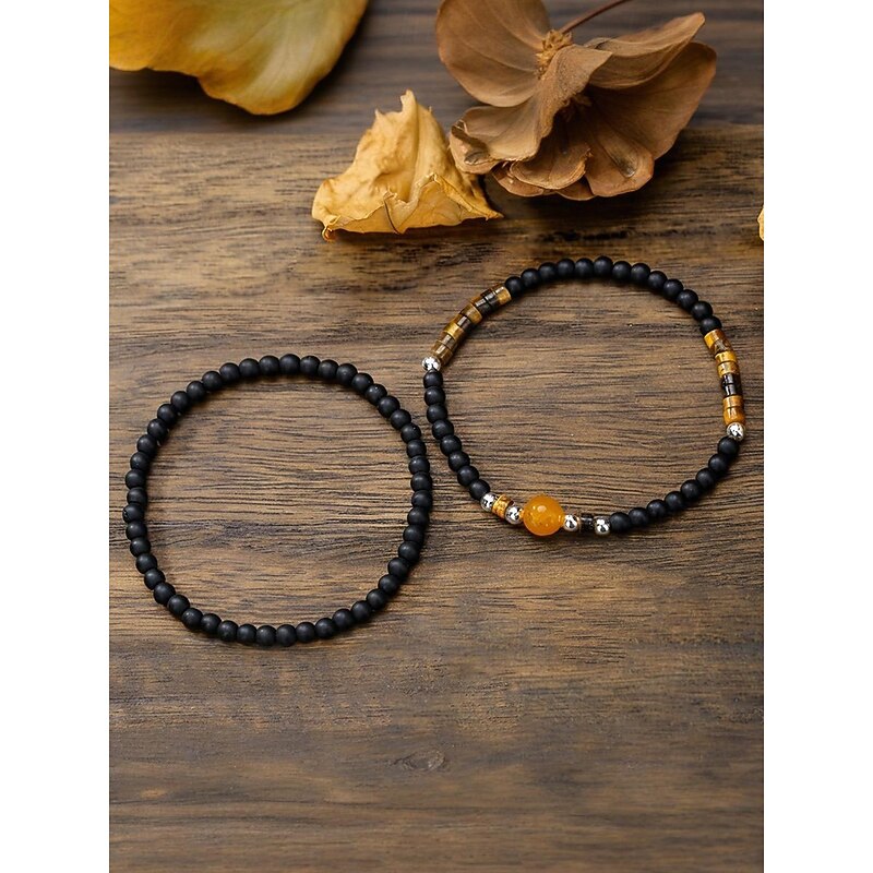 Men's Natural Stone Beaded Bracelet Set, Matte Black and Tiger Eye Beads with Yellow Accent, Minimalist Style for Business, Casual and Gift Occasions4