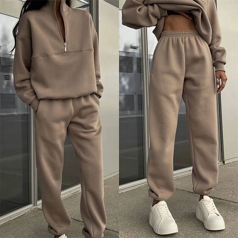 Women's Tracksuit Sweatpants Pullover Sweatshirt Zipper Pocket Solid Colored Clothing Suit Fall Dark Khaki Black Gym Workout Sports Windproof Long Sleeve Sport Activewear Micro-elastic Regular Fit