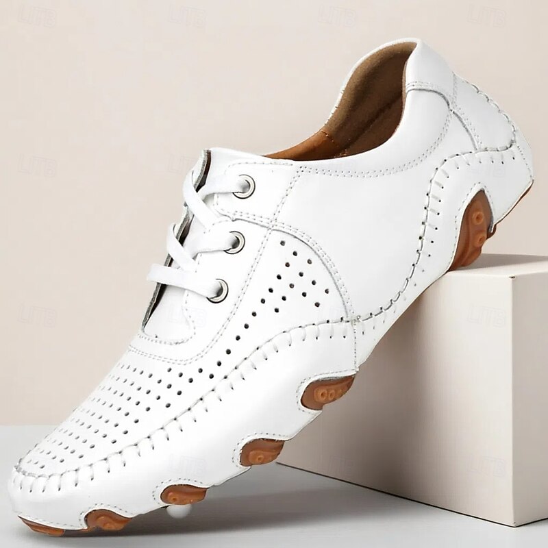 Men's White Cut-Out Breathable Walking Shoes – Soft Sole Summer Casual Loafers for Driving, Beach Vacations, City Exploring and All-Day Comfort in Hot Weather