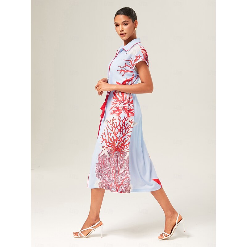 Loose Color-Block Coral Shirt Dress2